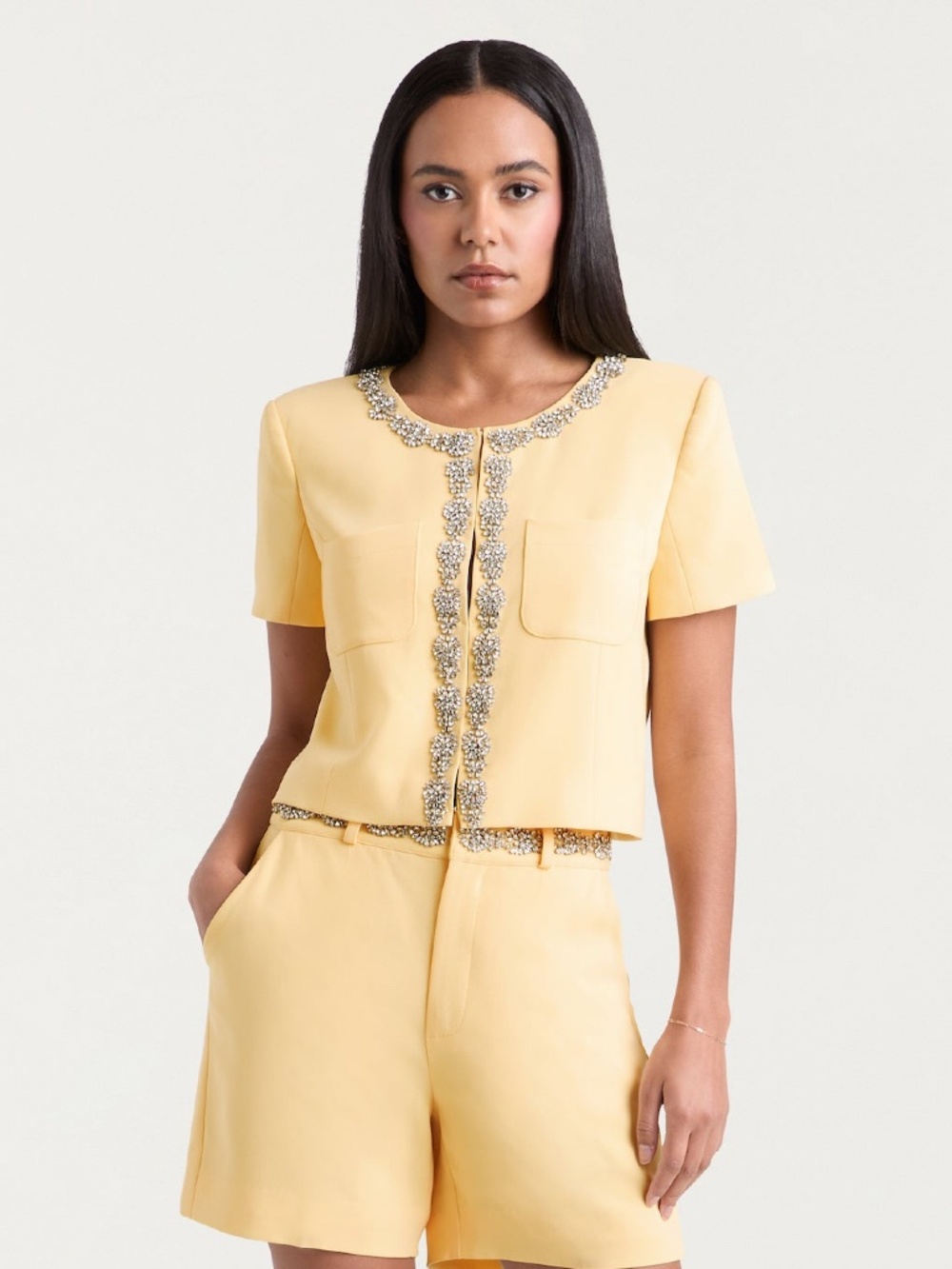 Cinq a Sept Samina Jacket Crystal Detail Short Cotton Sleeve Butter Size 6 NWT